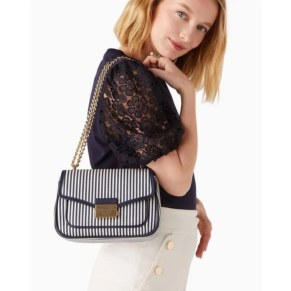 KATE SPADE Blue & White Striped Carey Medium Flap Striped Crossbody Shoulder Bag
